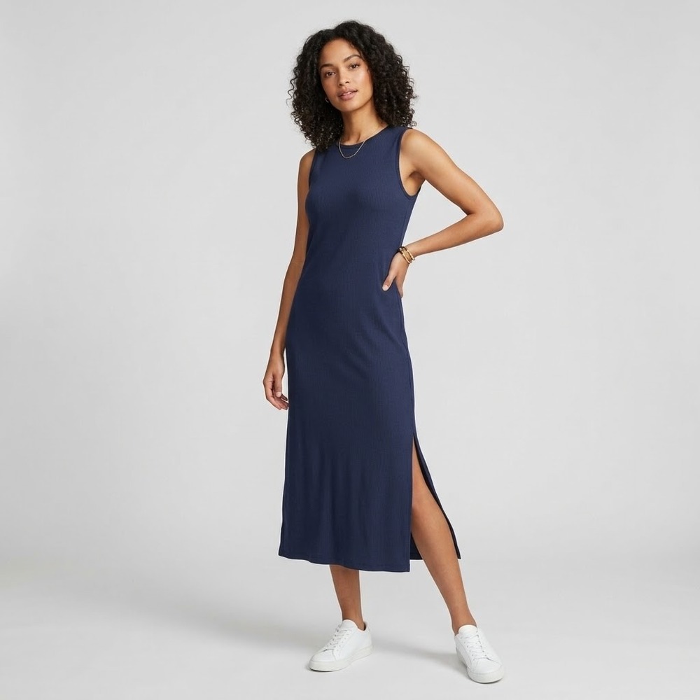NEW Garnet Hill Sleeveless Rib Knit Midi Dress Organic Cotton Tencel Navy XS